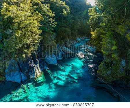 Famous turist attraction - Blue Pools, Haast Pass,  New Zealand, South Island