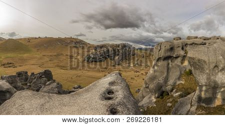 The Castle Hill Conservation Area or  Kura Tawhiti, Arthur's pass, Limestone rock formations, Southern Alps, South island, New Zealand