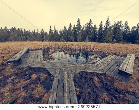 Wetlands With Wooden Boardwalk Next To Lake Enabling Turists A Visit.