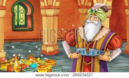 Cartoon Scene With Medieval Arabic Room With Treasures And Prince Or King - Far East Ornaments - The