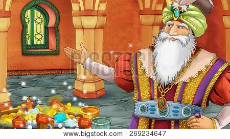 Cartoon Scene With Medieval Arabic Room With Treasures And Prince Or King - Far East Ornaments - The