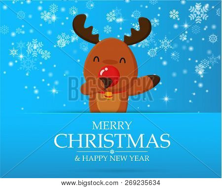 Reindeer Cartoon Characters Celebrate In Christmas Eve.