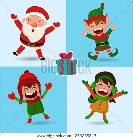 Christmas Santa Elf And Kid Cartoon Character.
