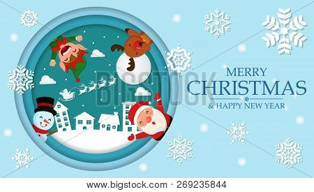 Cute Cartoon Santa Elves Reindeer. And Snowman In The Village Background Paper Cut