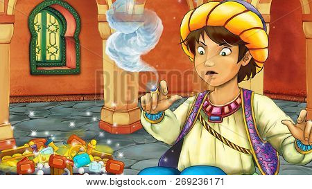 Cartoon Scene With Medieval Arabic Room With Treasures And Prince Or King - Far East Ornaments - The