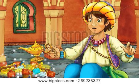 Cartoon Scene With Medieval Arabic Room With Treasures And Prince Or King - Far East Ornaments - The