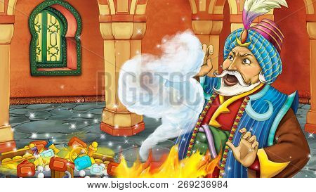 Cartoon Scene With Medieval Arabic Room With Treasures And Prince Or King - Far East Ornaments - The