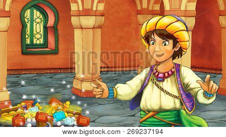 Cartoon Scene With Medieval Arabic Room With Treasures And Prince Or King - Far East Ornaments - The