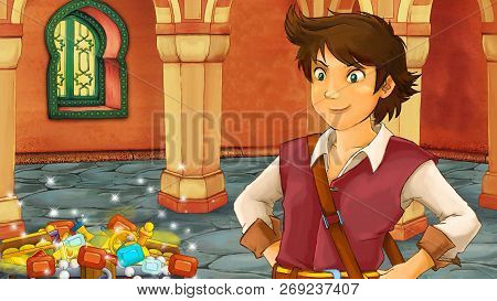 Cartoon Scene With Medieval Arabic Room With Treasures And Prince Or King - Far East Ornaments - The