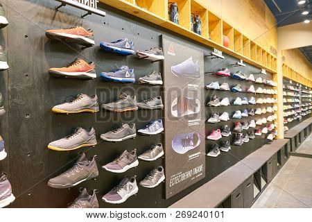 MOSCOW, RUSSIA - CIRCA SEPTEMBER, 2018: interior shot of Reebok shop in Moscow