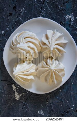 Marshmallows Background, Texture, Top View. White Marshmallow, Close-up. Marshmallows Candy.