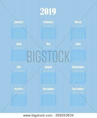 2019 New Year Vector Calendar In Minimal Simple Style On Tender Blue Background. Week Starts In Sund
