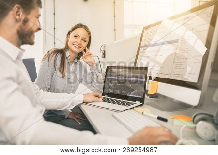 Developing Programming And Coding Technologies. Website Design. Programmer Working In A Software Dev