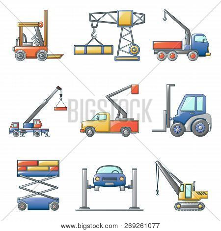 Lifting Machine Equipment Icons Set. Cartoon Illustration Of 9 Lifting Machine Equipment Cargo Icons
