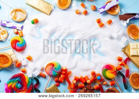 Sweets With Sugar, Flat Lay Top View Scene With Word Sugar