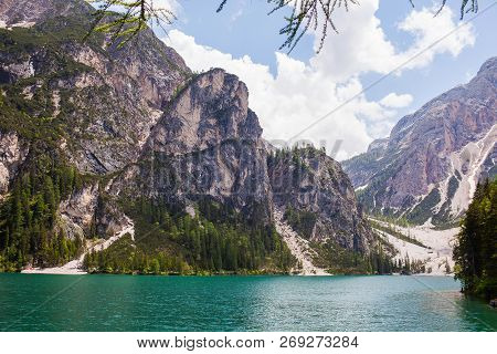 Mudflow With Snow High In The Alpine Mountains Lake, Lago Di Braies