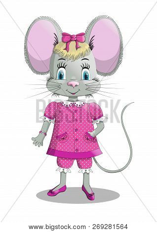 Cute Mouse Cartoon In Pink Dress, Vector Children Illustration