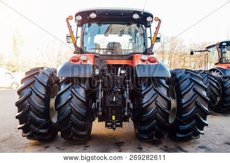 Rear View Of Modern Agricultural Tractor. Hydraulic Hitch. Lifting Frame. Rear Mechanism For Attachi