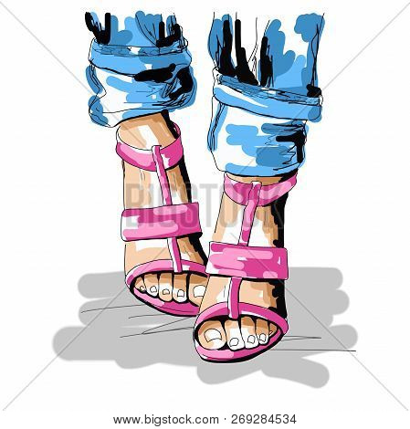 Fashion Bright Illustration Of Summer Shoes, High Heels And Jeans, Poster, Logo For Fashion Stylist 