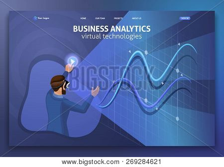 Landing Page Isometric Concept Business Analysis, Virtual Technologies. Website Template Design. Eas