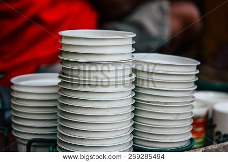 Varanasi India November 10, 2018 View Of A Tea Pot And Glasses Of A Unknown People Selling Chai In A