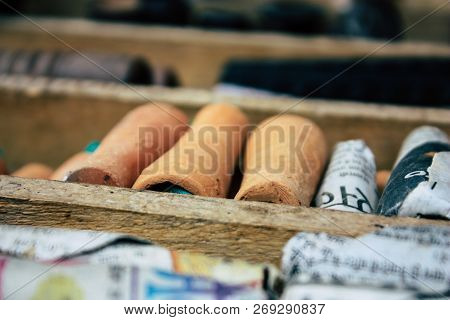 Varanasi India November 10, 2018 Closeup Of Chillums Sold In A Shop Located Near The Ghats Of Varana