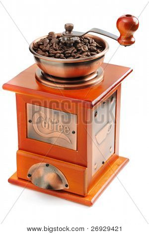  Kaffeebohnen und alte Kaffeemühle