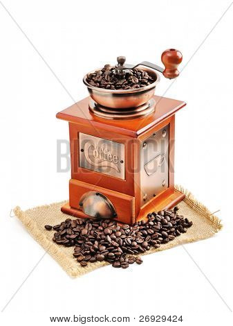  Kaffeebohnen und alte Kaffeemühle