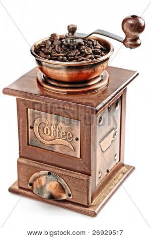  Kaffeebohnen und alte Kaffeemühle