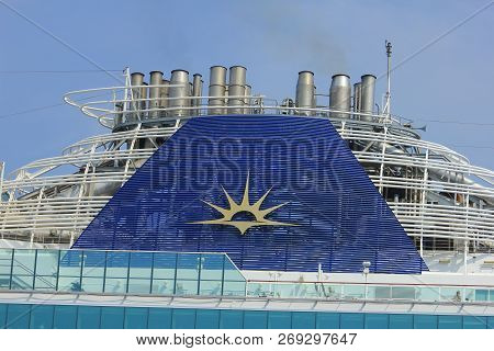 Velsen, The Netherlands - May 29th, 2018: Azura P & O Cruises On North Sea Canal Towards Amsterdam. 