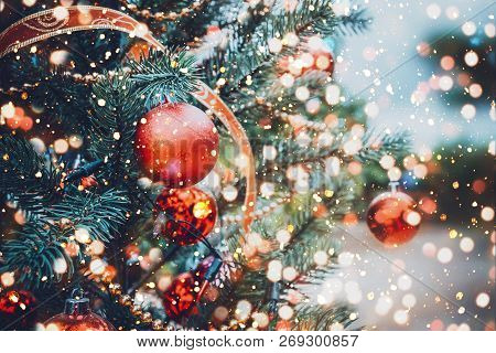 Christmas Tree With Red Ball Ornament And Decoration, Sparkle Light. Christmas And New Year Holiday 