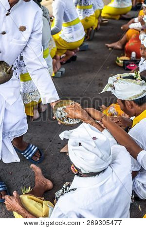 Bali, Indonesia - October 9, 2018: Holyman On A Traitional Balinese Hindu Ceremony In Ubud.