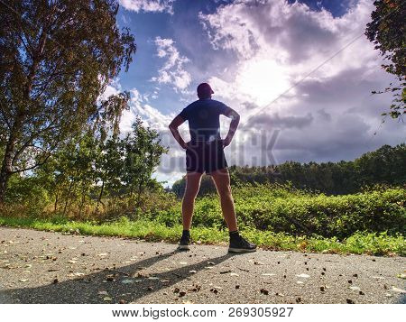 The Man Run In The Forest. The Athletic Man Running On A Forest Trail. The Man Running On Warmday