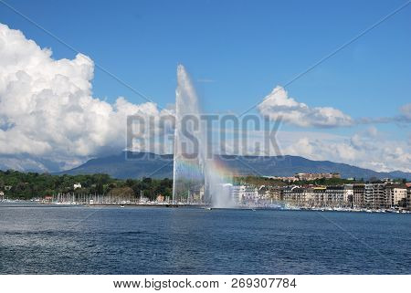 View Of The Lake Geneva Fountain Switzerland. May 2012