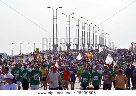 Omsk, Russia - August 12: Marathon Runners In Action At The Siberian International Marathon On Augus