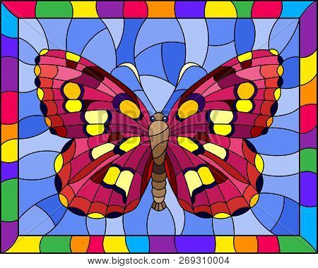Illustration In Stained Glass Style With Bright Pink Hawk Moth On A Blue Background In A Bright Fram