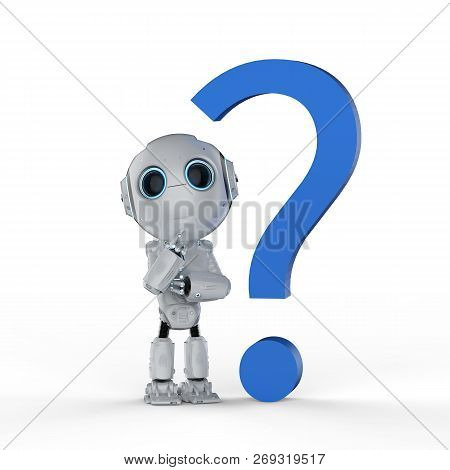 3d Rendering Robot Arm With Blue Question Mark On White Background