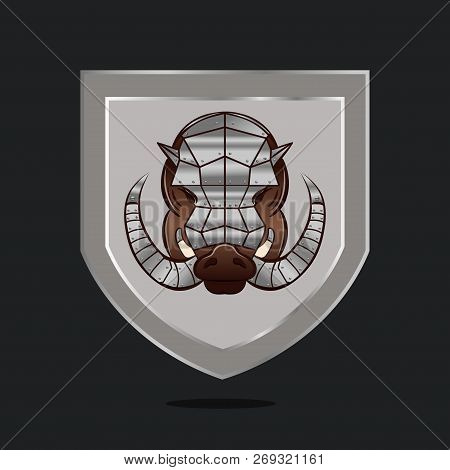 Shield With Armored Hog Head Isolated. Angry Steel Aper On Chevron Design.