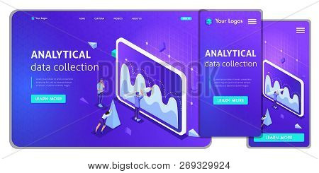 Website Template Landing Page Isometric Concept Analytical Data Collection, Teamwork. Easy To Edit A