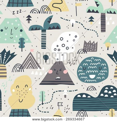 Cute Hand Drawn Seamless Pattern With Mountains And Trees. Creative Mountains Landscape. Vector Illu