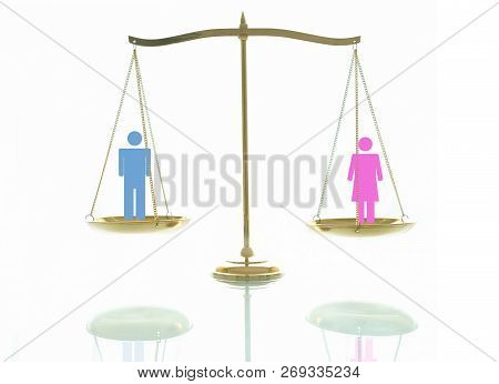 Equality Concept. Women And Men On Beams Scales On A White Background.