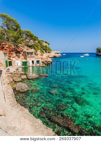 Idyllic View Of Cala Llombards Beach Bay, Majorca Island, Spain Mediterranean Sea
