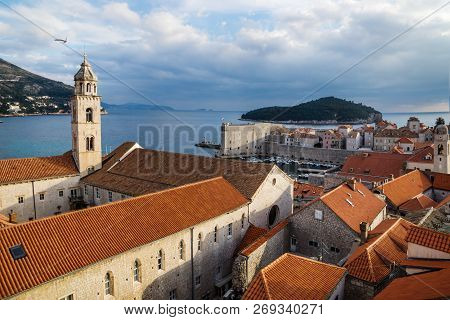 Tower Of The Dominican Monastery With View To The Harbout In Dubrovnik With Ocean View, Croatia