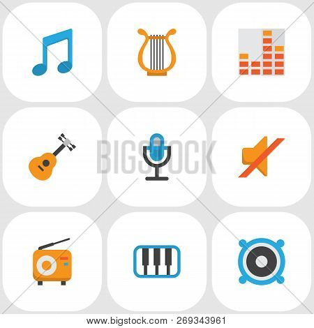 Audio Icons Flat Style Set With Musical, Mic, Silent And Other Karaoke Elements. Isolated Vector Ill
