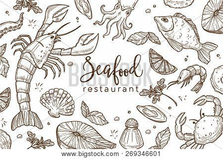 Seafood Restaurant Sketch Poster For Menu Or Tablemat Template.