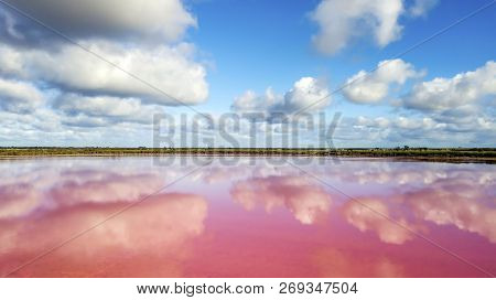 Clouds Reflecting In Pink Lake Aerial Photo