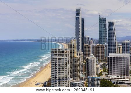 Gold Coast, Australia - November 17 2018: Surfers Paradise Citscape, Southerly Aerial View With The 
