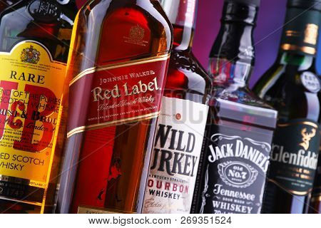 Bottles Of Several Global Whiskey Brands