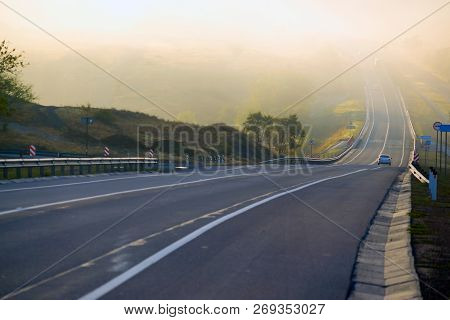Route A-270 In The Area Of Novoshakhtinsk In The Early Morning In The Fog.