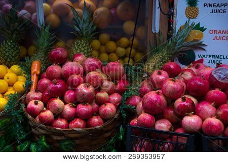 Grants And Fruit Cut On The Counter For Fresh Juice. Istanbul, Turkey